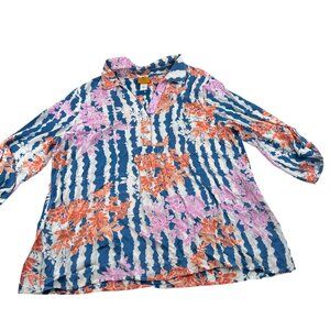 Ruby Rd. Floral Striped Blouse‎ Navy Blue Pink Orange Size Large